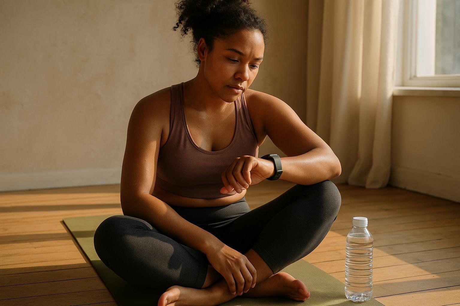 A person checks their fitness watch after a workout, tracking their cardio progress.