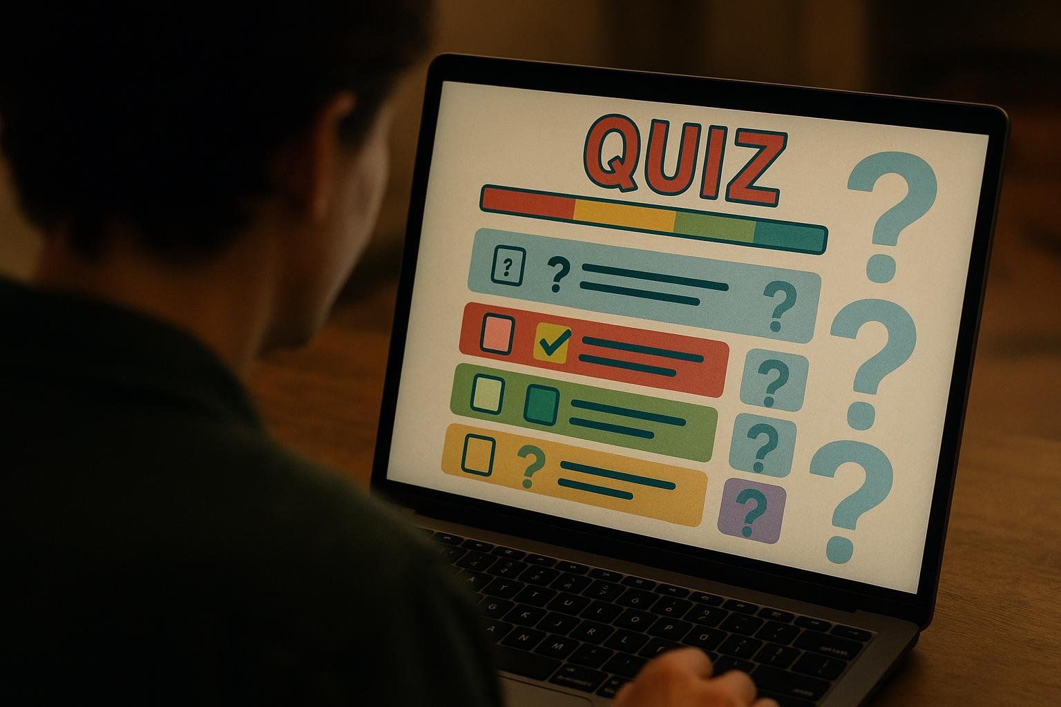 A person viewed from behind looking at a laptop screen displaying a colorful online quiz with the word 'QUIZ' at the top and several confusingly structured multiple-choice questions with question marks, indicating difficulty or uncertainty.