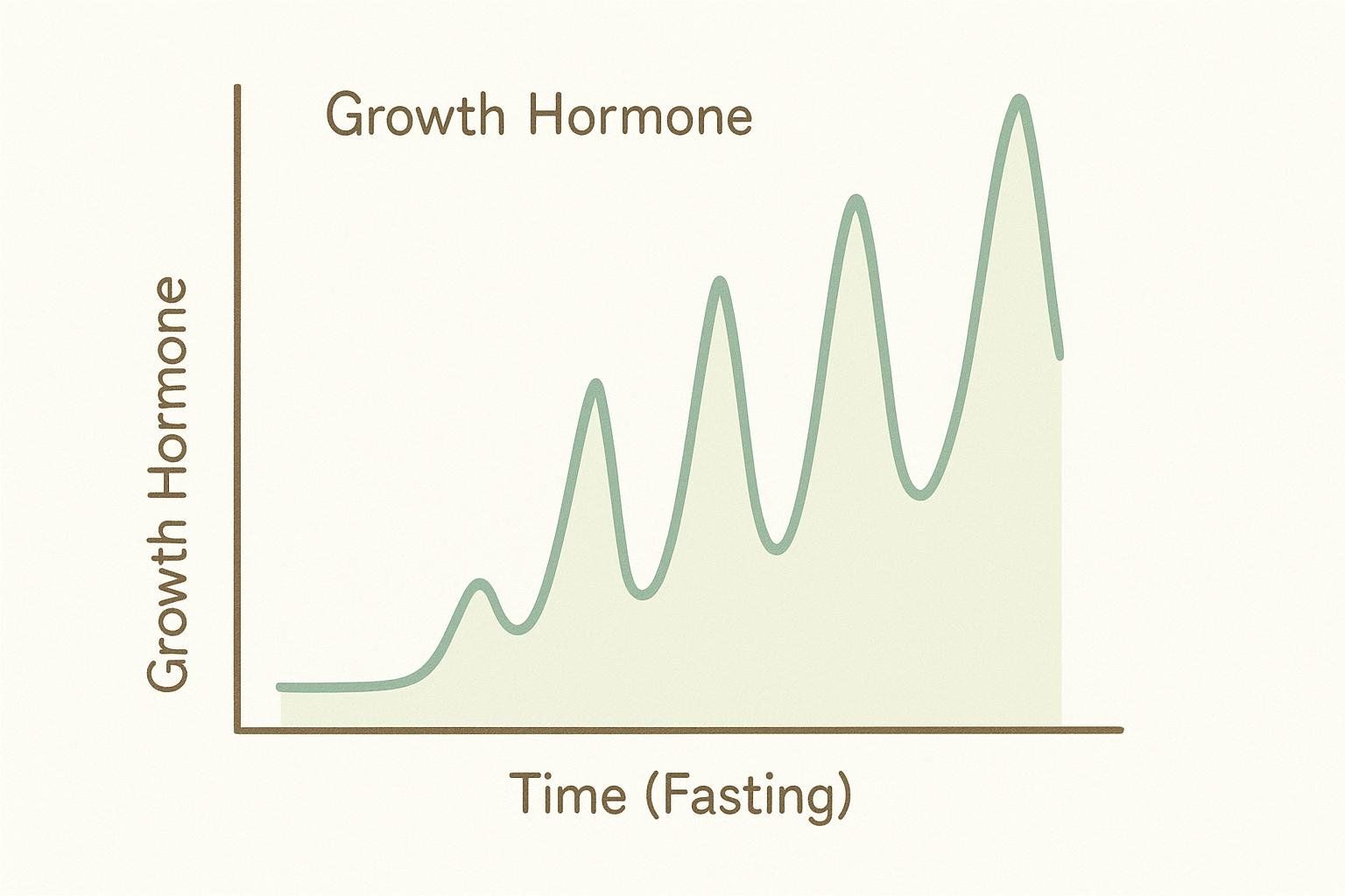 A line graph titled 'Growth Hormone' shows the y-axis also labeled 'Growth Hormone' and the x-axis labeled 'Time (Fasting)'. The line starts low and gradually increases with each peak becoming higher than the last, demonstrating an increase in growth hormone pulses over time during fasting.