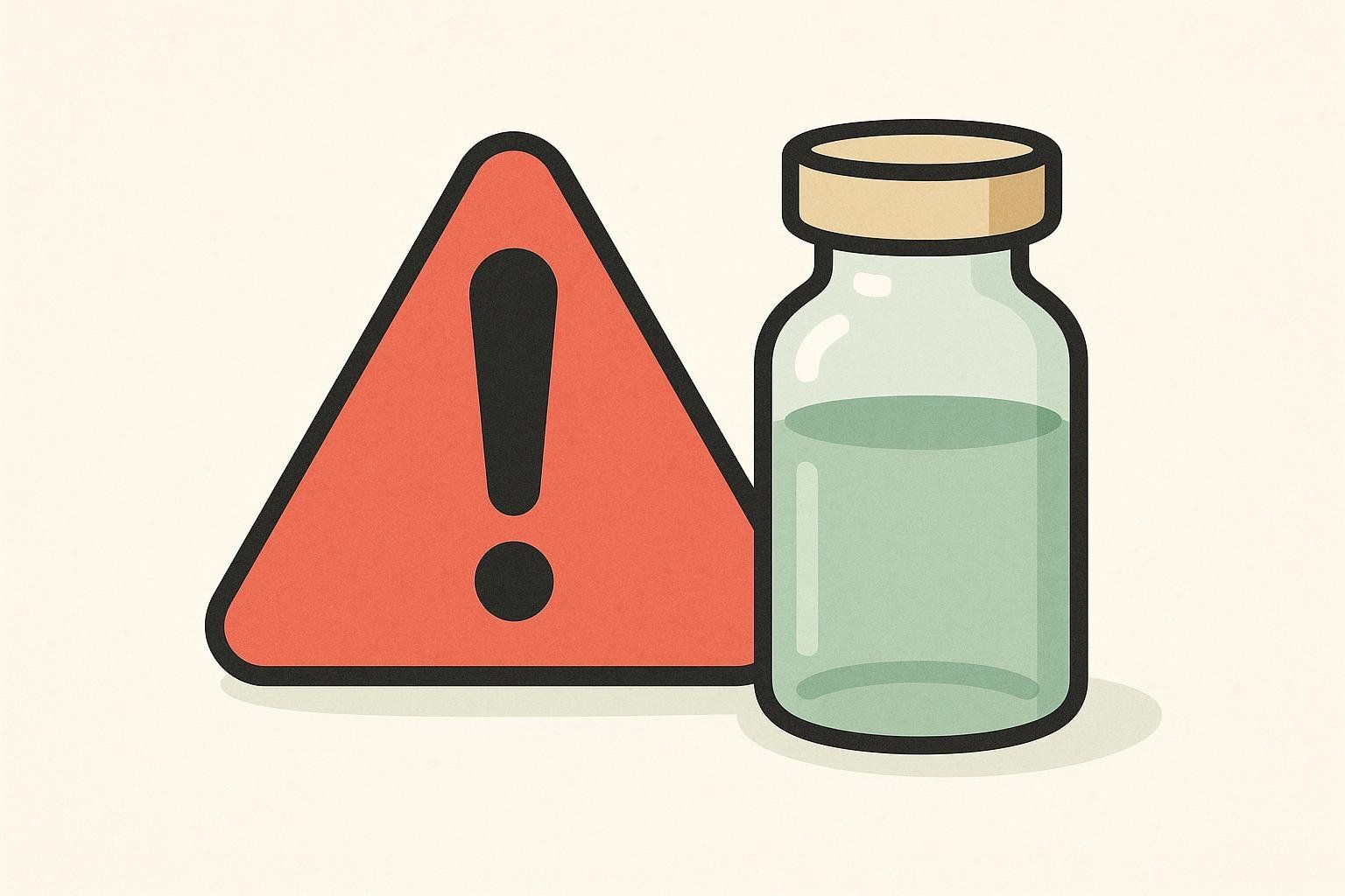 A red warning sign next to a vial, highlighting the safety risks of compounded GLP-1 drugs flagged by the FDA.