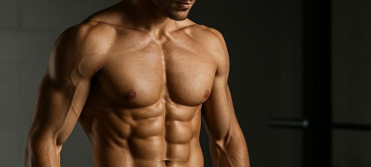 Close-up shot of an athletic man with very low body fat, showcasing his well-defined six-pack abs and obliques under dramatic lighting.