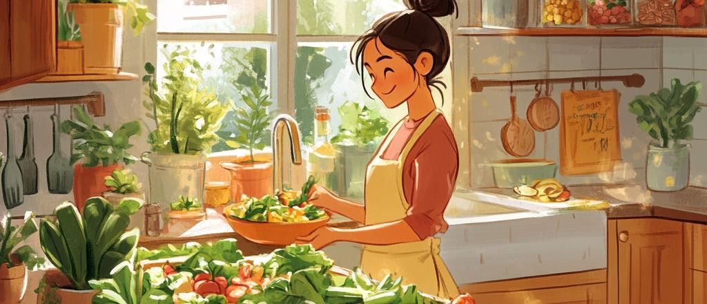 An illustration of a woman in an apron smiling and mixing a salad in a bowl in a sunlit kitchen filled with plants.