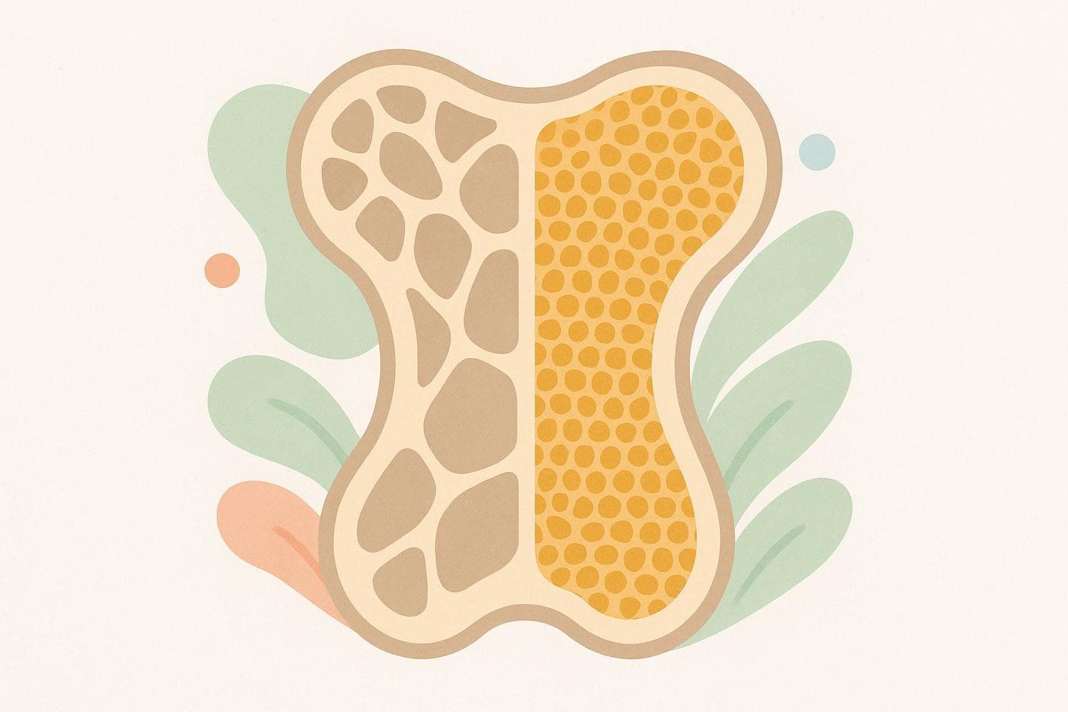 An abstract illustration depicting a bone cross-section, with one half showing a porous, irregular structure representing osteoporotic bone, and the other half showing a dense, finely-pored structure representing healthy bone, set against a light background with subtle plant-like abstract shapes.