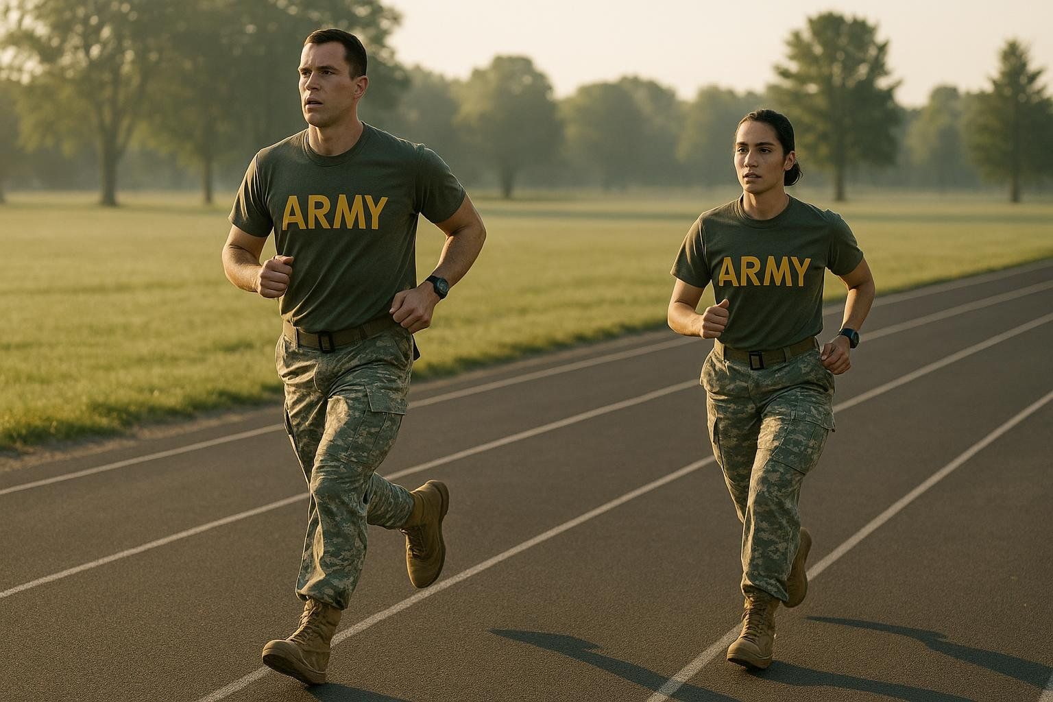 Two soldiers, a male and a female, in olive green ARMY t-shirts and camouflage pants are running on a track during the Two-Mile Run portion of the Army Fitness Test. They are both looking forward with determined expressions.