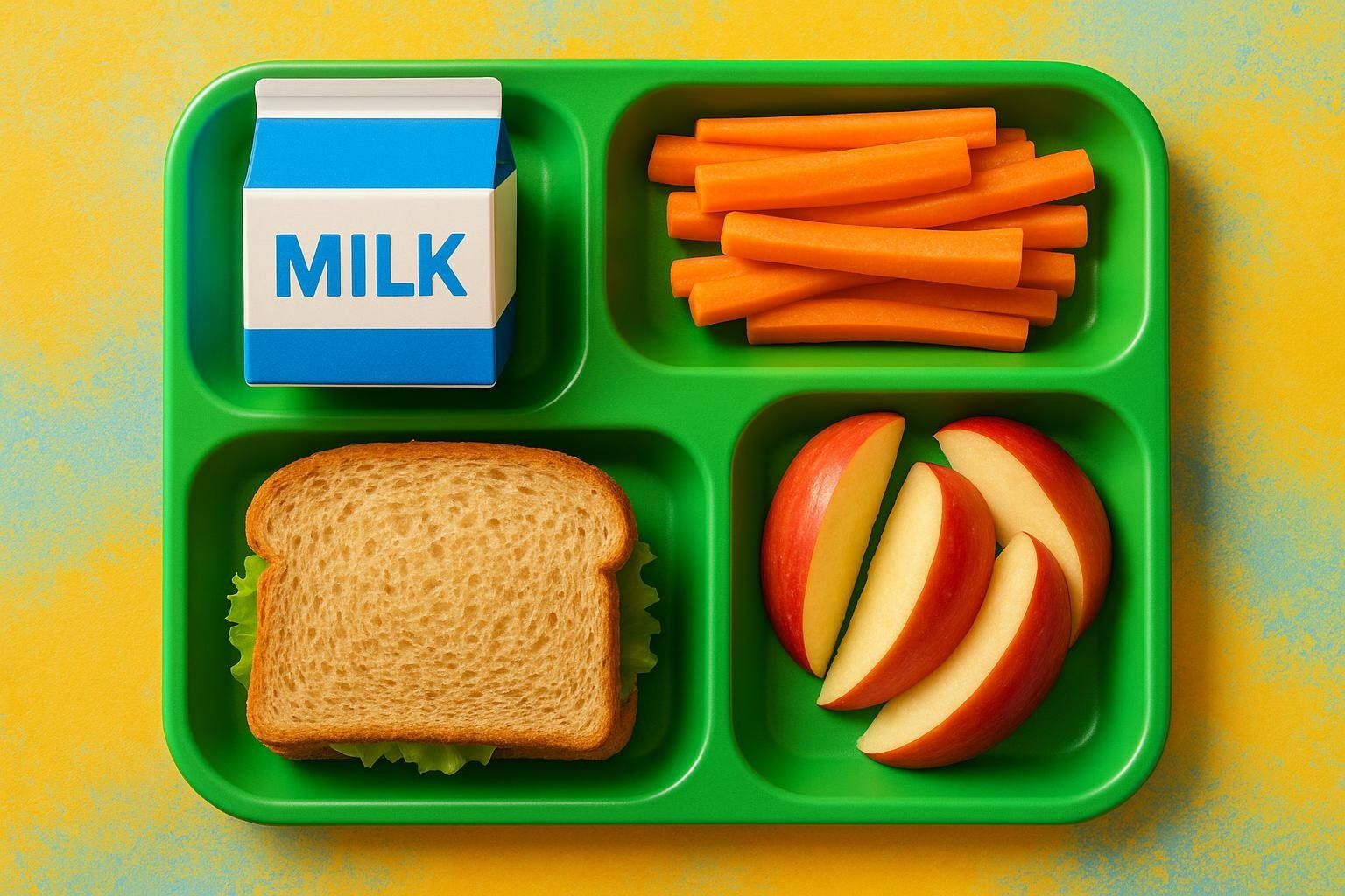 A vibrant green school lunch tray containing a blue milk carton, carrot sticks, a sandwich on whole-grain bread, and sliced red apples.