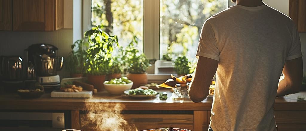 A man is cooking in a sunlit kitchen, preparing a meal with fresh vegetables on the counter.