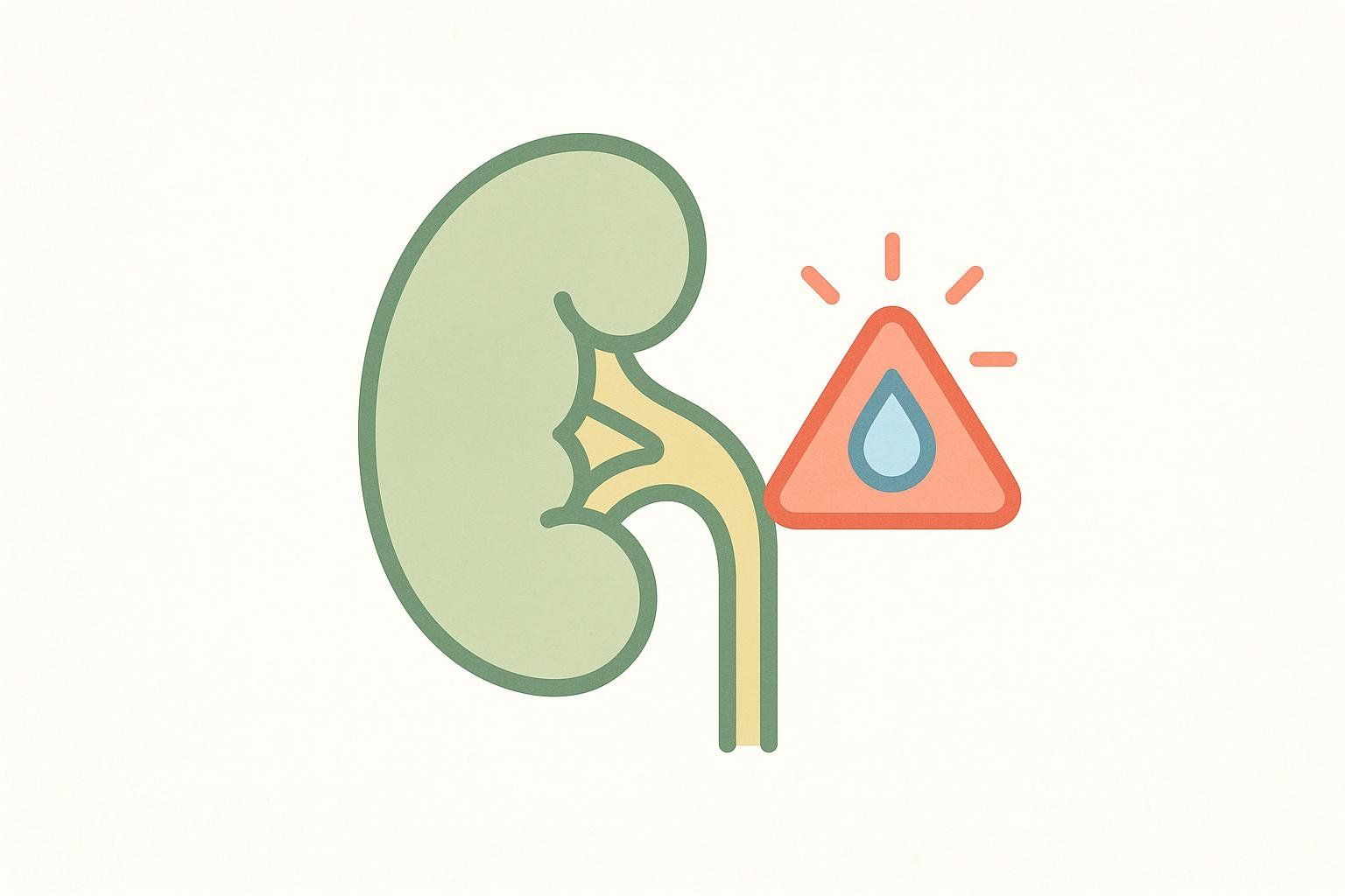 An illustration of a kidney with a warning sign next to it. The warning sign is a red triangle with a blue water droplet in the center, encircled by radiating lines, suggesting caution regarding dehydration or kidney health.