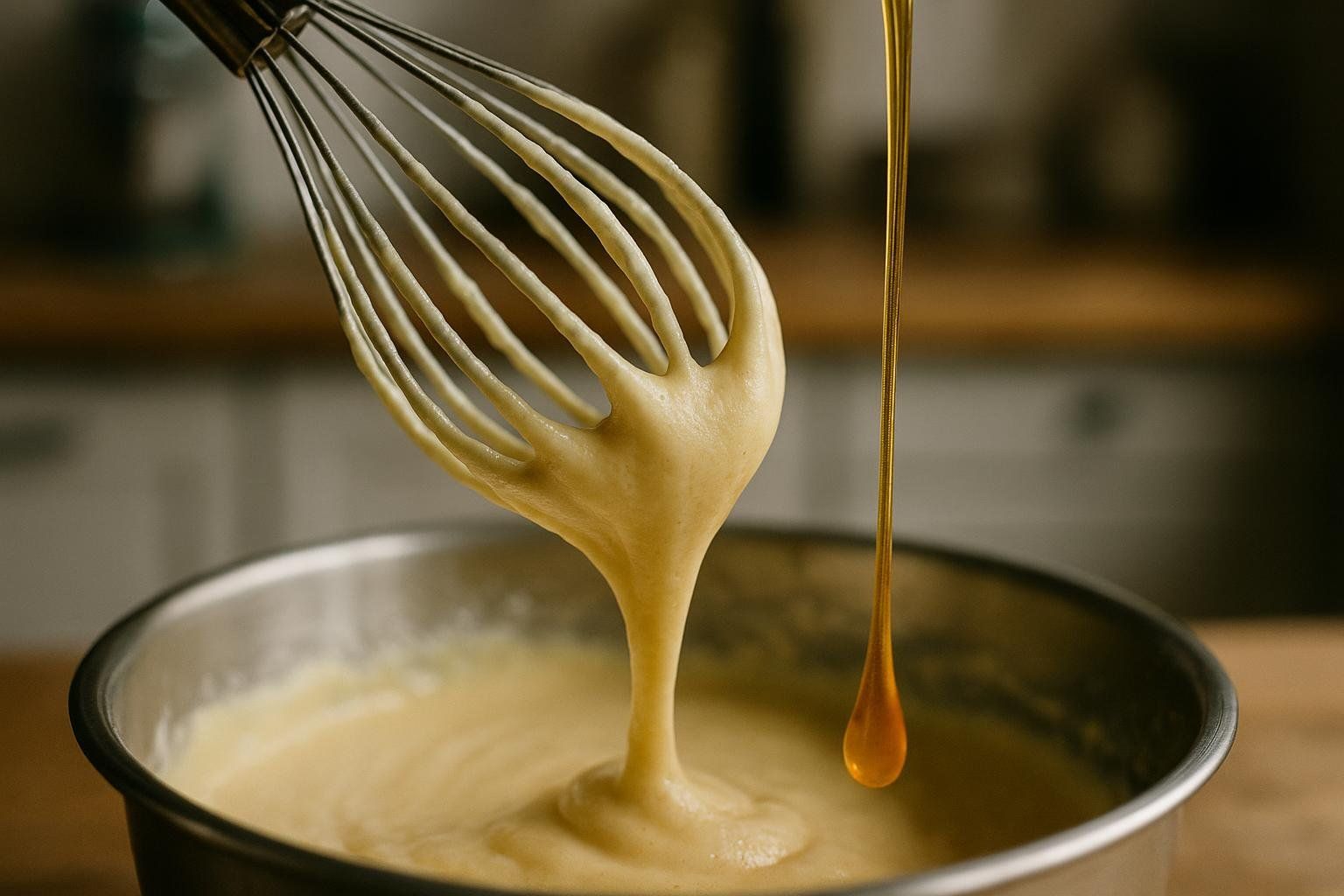 Honey being poured into batter showing its thick texture.