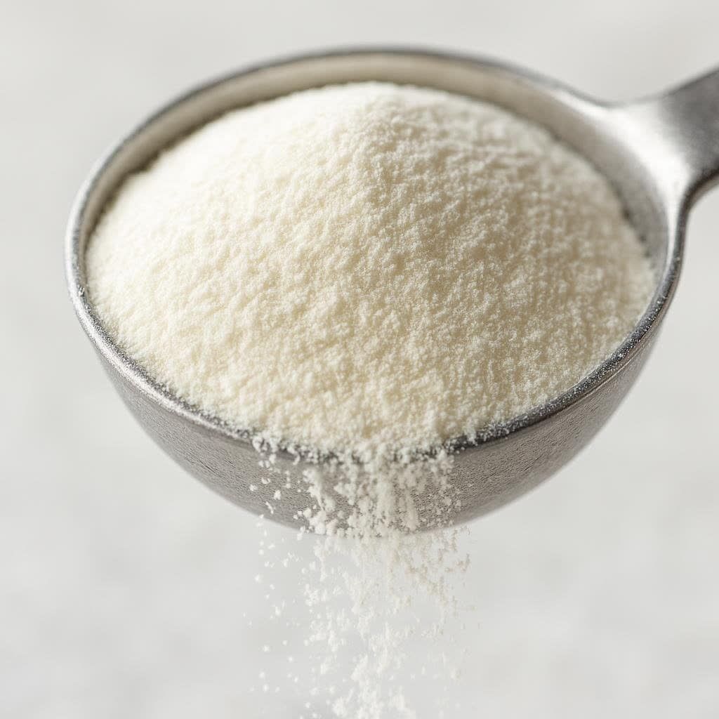 Close-up photo of a scoop of white collagen powder.