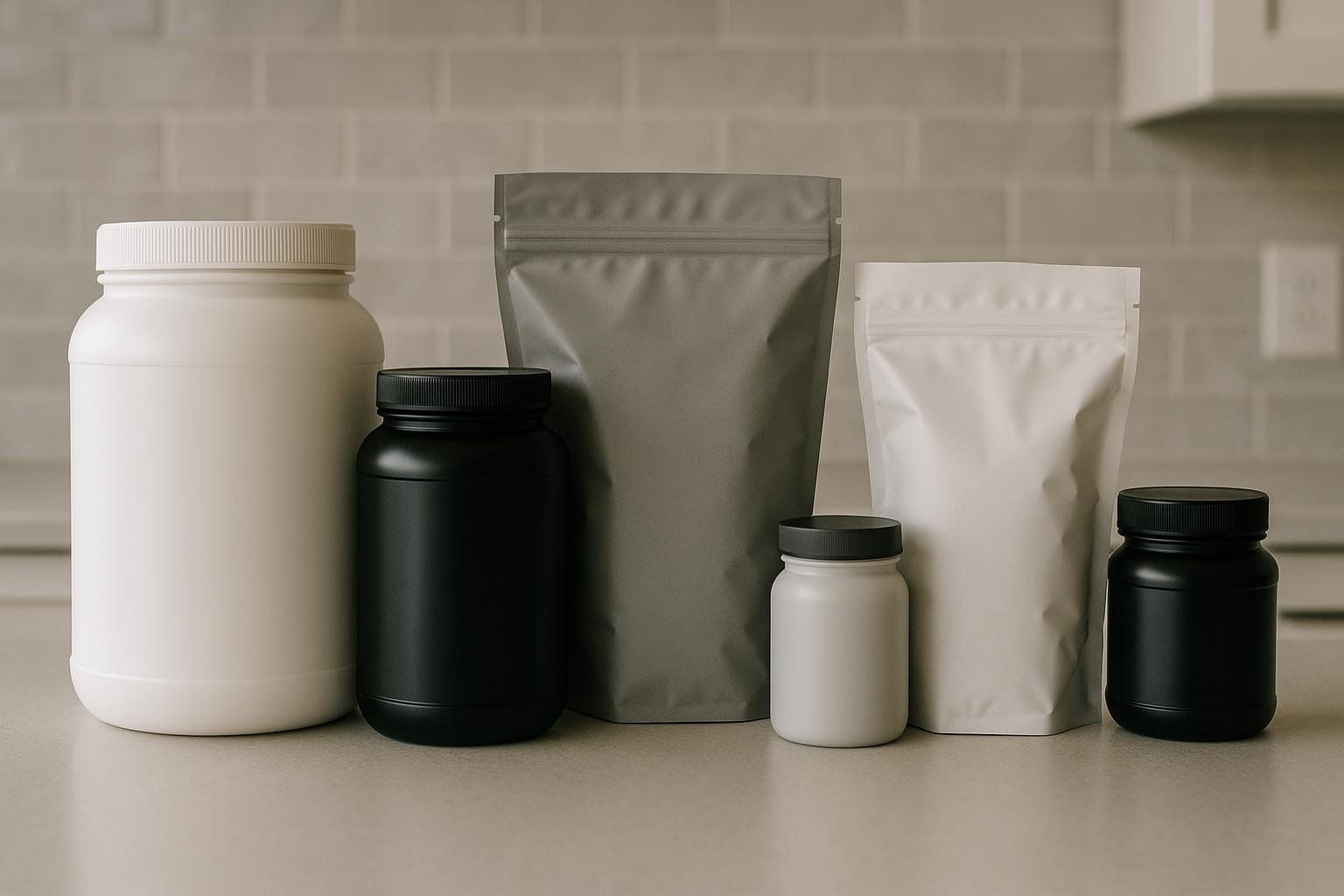 Five different generic supplement containers, including jars and pouches in white, black, and gray, are lined up on a counter in a kitchen setting. They represent the variety of weight gain supplements available.