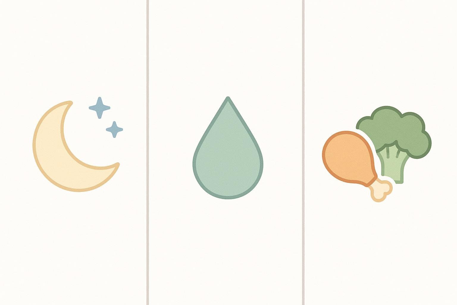 A triptych of icons representing the three pillars of a healthy lifestyle: a crescent moon and stars for sleep, a water droplet for hydration, and a chicken drumstick with broccoli for nutrition.