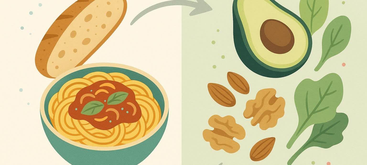 An illustration depicting carb cycling, with high-carb foods like spaghetti and bread on the left and low-carb foods like avocado, spinach, and nuts on the right, separated by an arrow.