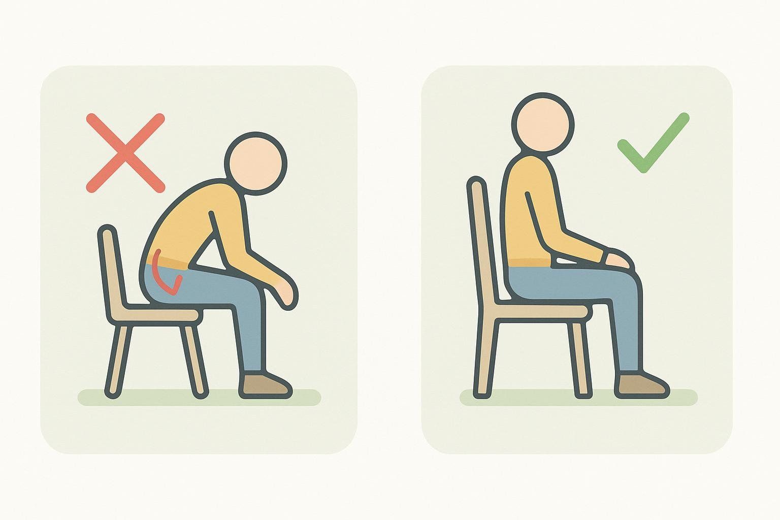 An illustration showing proper and improper sitting postures for hip precautions. The left panel shows a figure slouching forward, bending at the hip past 90 degrees marked with a red X, indicating improper posture. The right panel shows a figure sitting upright, maintaining approximately a 90-degree angle at the hip, marked with a green checkmark, indicating proper posture.
