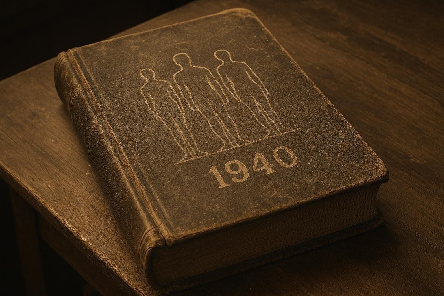 A photograph showing an old, dusty book with the year '1940' and three somatotype figures on its cover, resting on a wooden surface. The cover includes outlines of a narrow, a medium, and a wider human figure, representing the pseudoscientific origins of metabolic typing found in the book.