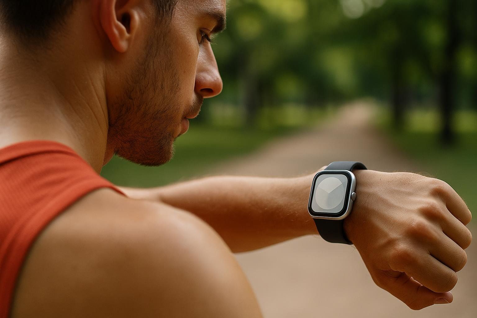 A person checking their smartwatch during an outdoor workout, representing the 'Time' component of the FITT principle.