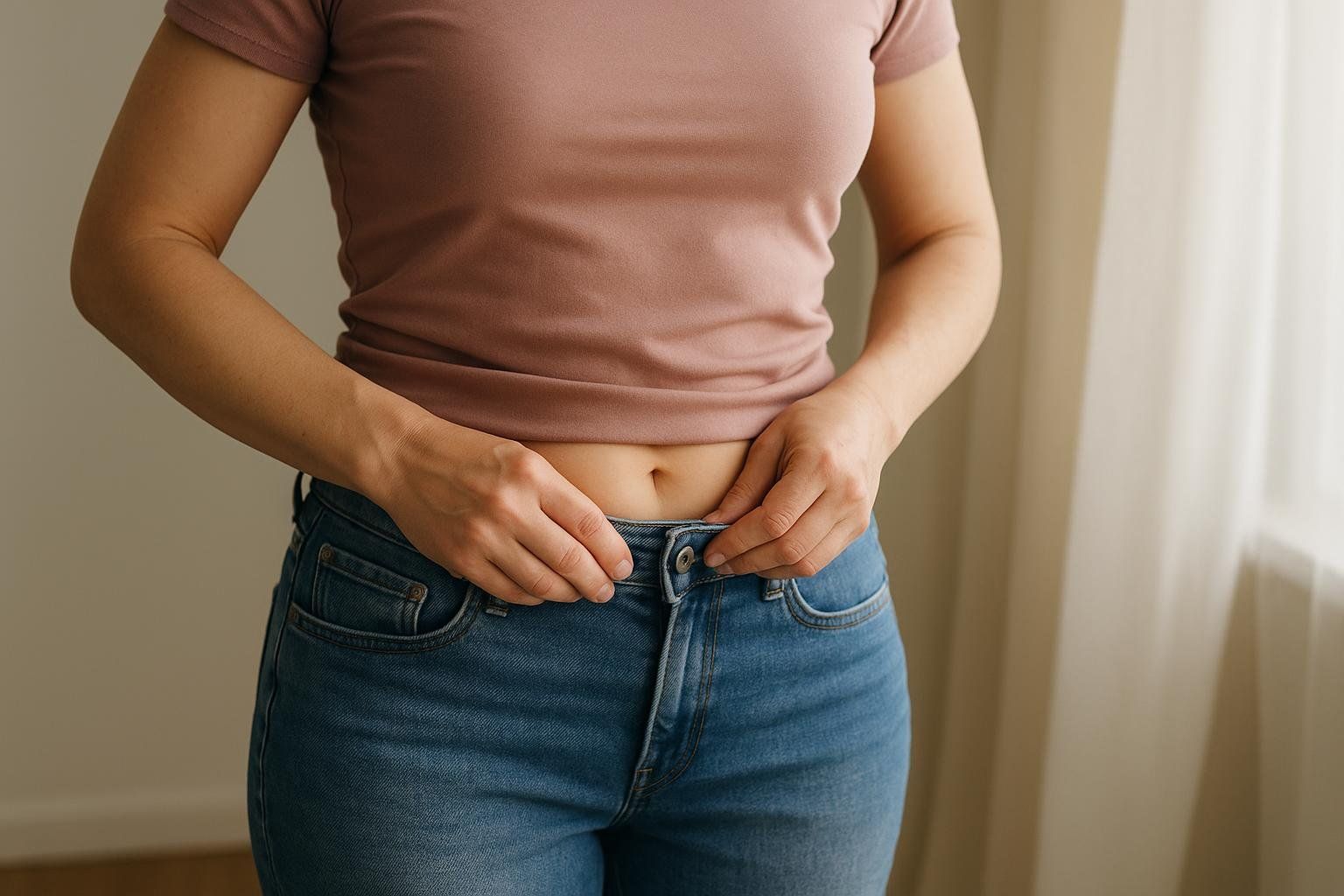 A person easily buttoning a pair of loose jeans, a non-scale victory from weight loss, highlighting successful progress.