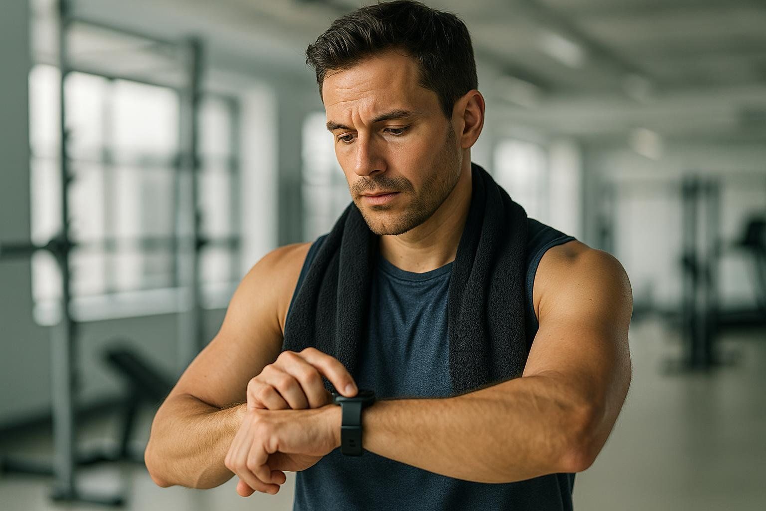 A fit man in a gym, wearing a dark blue tank top and with a black towel around his neck, looking intently at his smartwatch on his left wrist. The background shows blurred gym equipment.