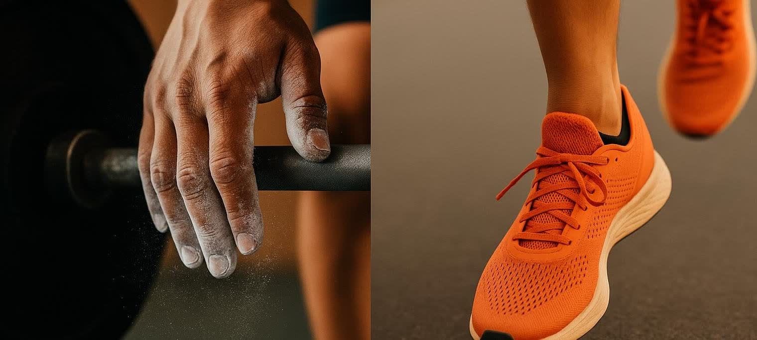 A diptych showing a chalk-dusted hand gripping a barbell on the left and a runner wearing an orange athletic shoe on the right, representing strength and cardio fitness.