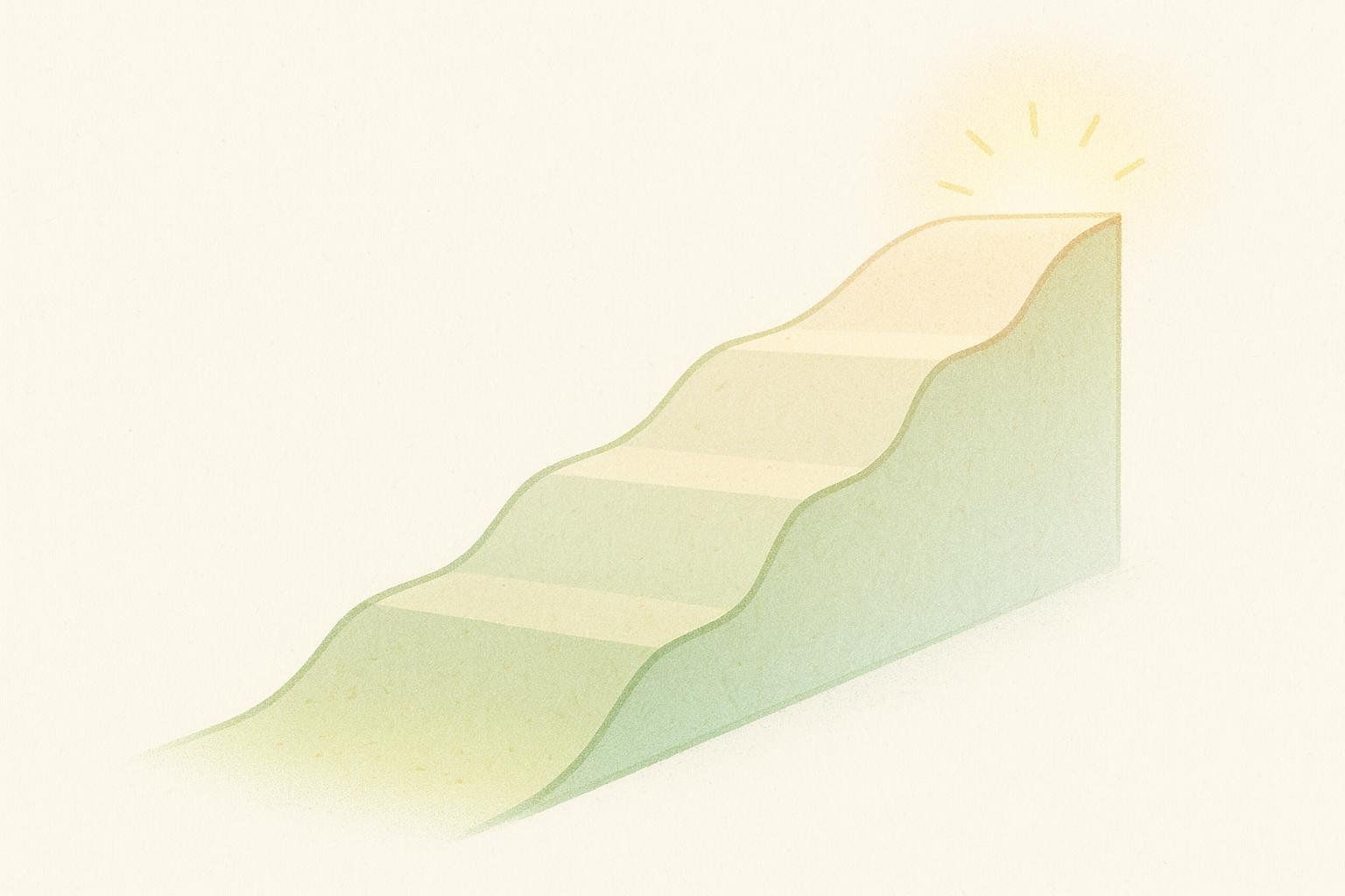A segmented ramp or wavy stairs ascend to the top where a bright light shines, representing progression or reaching a goal.