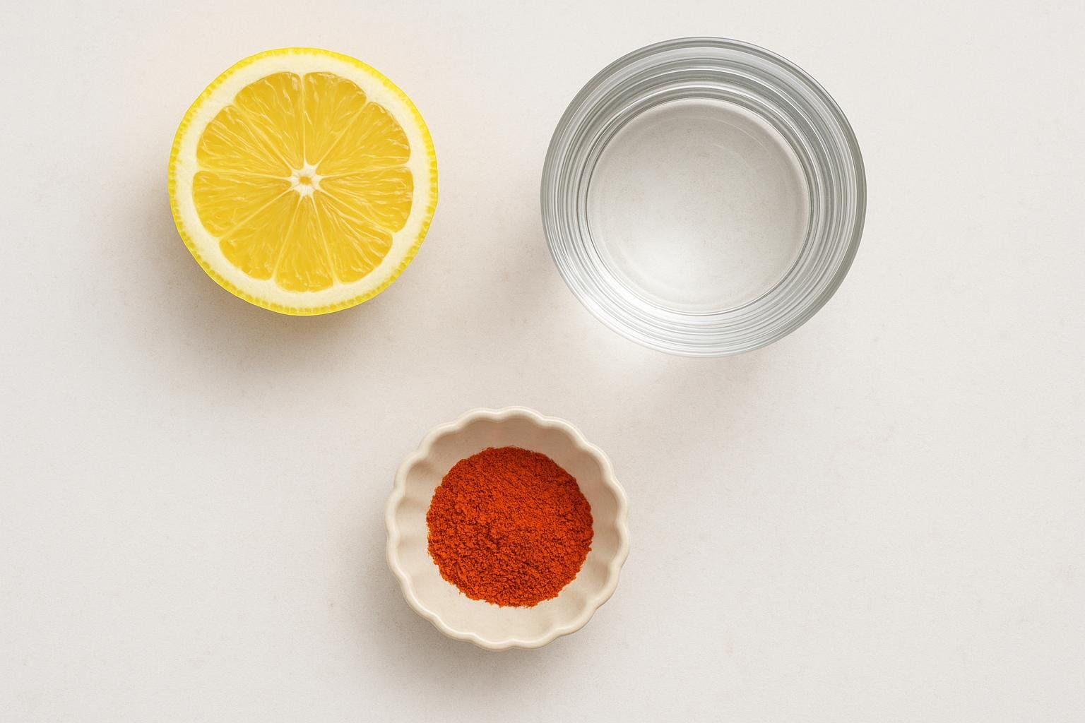 Ingredients for lemon cayenne water—a lemon, a glass of water, and a small bowl of cayenne pepper—arranged on a countertop.