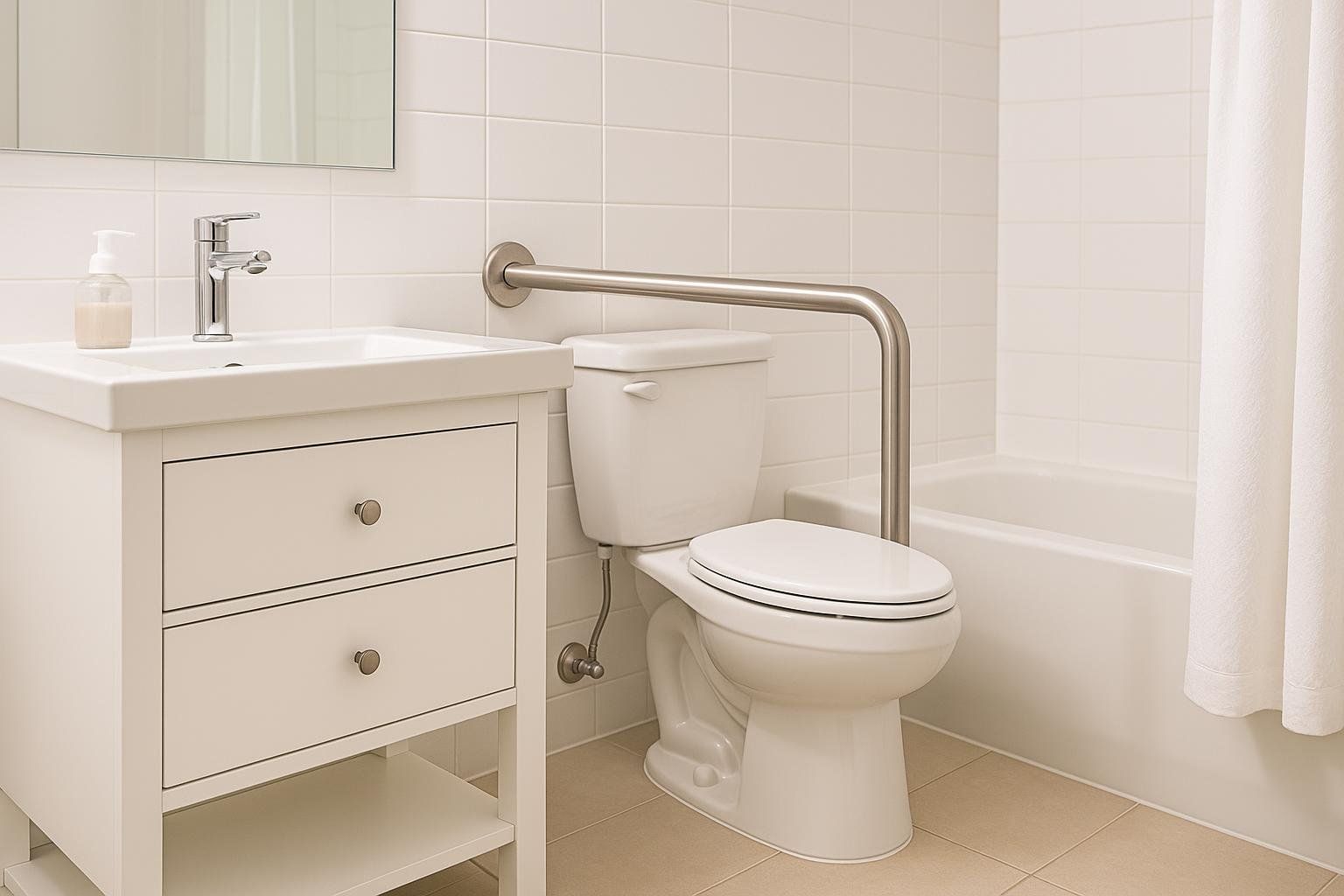 A clean, white bathroom featuring a toilet with a brushed nickel grab bar installed on the wall next to it. To the left is a white vanity with a sink and faucet, and to the right is a bathtub hidden by a white shower curtain, suggesting a focus on accessibility and safety.