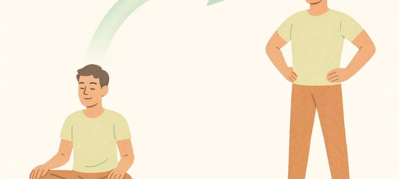 An illustration depicting the progression from a sitting to a standing posture, with the sitting person on the left and the standing person on the right. A light green arrow arcs from above the sitting person's head to above the standing person's head, symbolizing improved functional health.