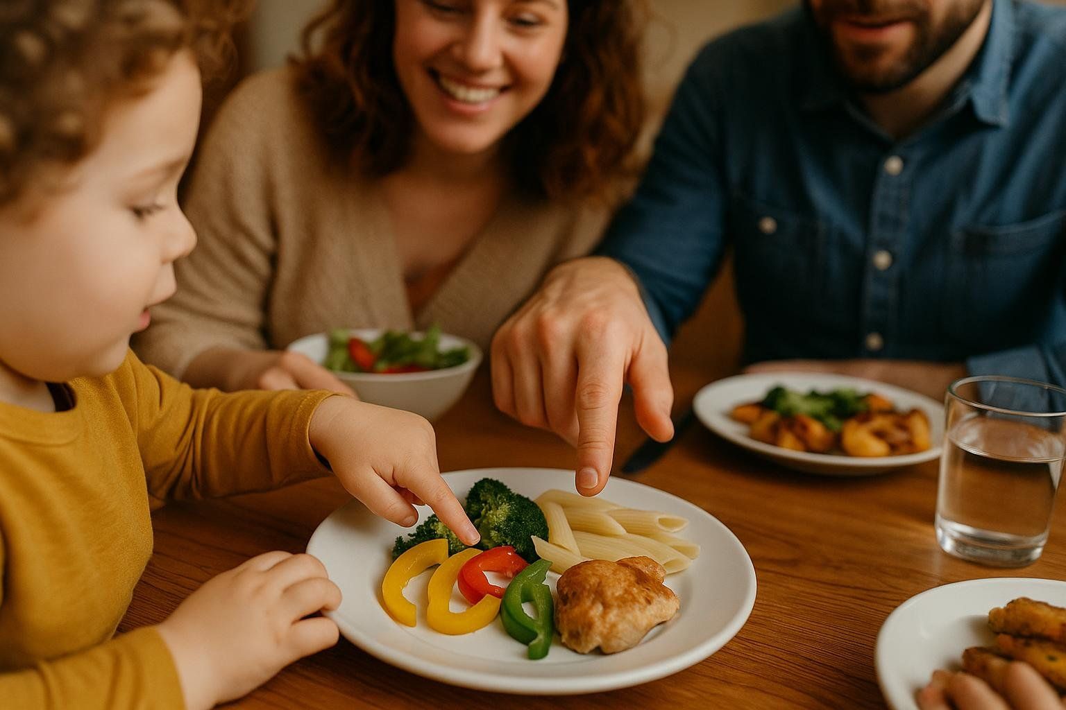 A child's hand and an adult's hand point to colorful bell peppers, broccoli, pasta, and chicken on a plate during a family meal, with a smiling woman in the background.