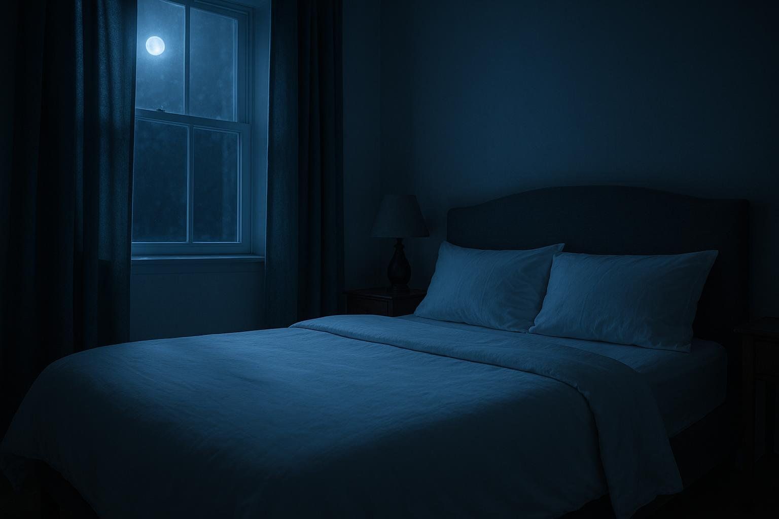 A peaceful bedroom at night with moonlight streaming through the window, creating a serene blue ambiance, highlighting the importance of quality sleep.