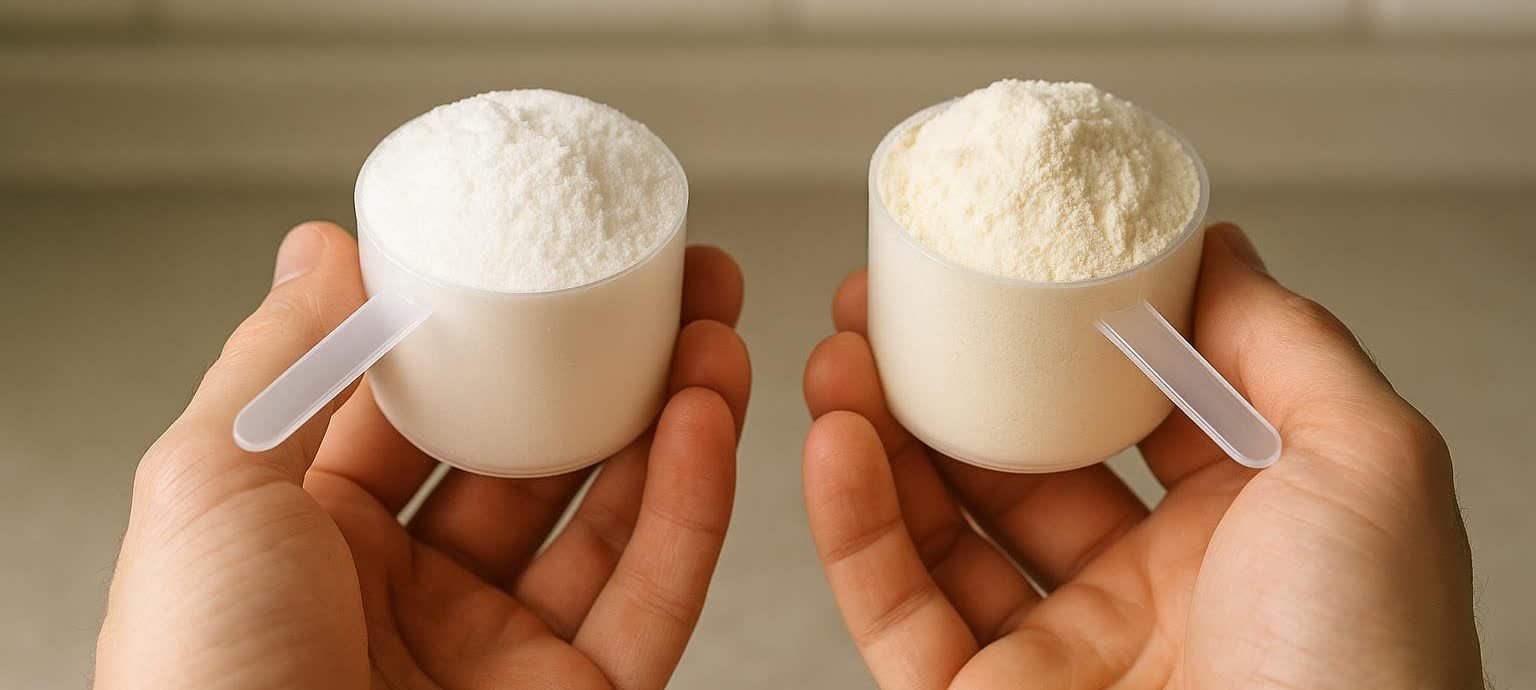 Close-up of a person holding two scoops of protein powder, one white and fine (whey) and the other yellowish and denser (casein).