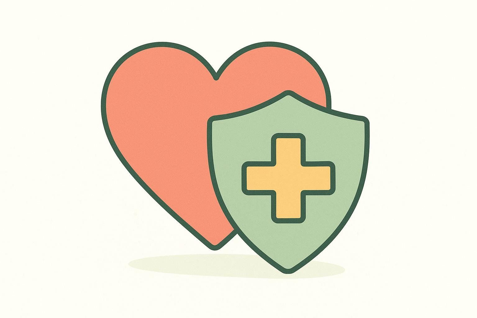 An illustration of a red stylized heart next to a green shield with a yellow medical cross inside it. This icon represents health protection or cardiovascular care.