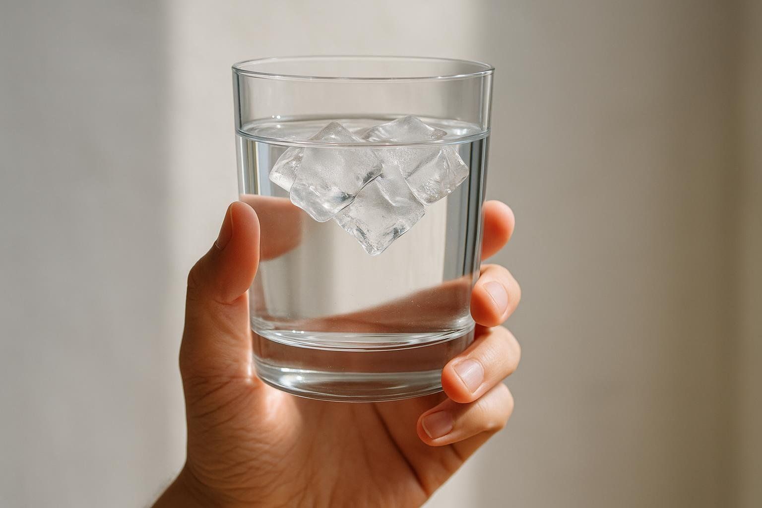 A hand holds a clear glass filled with water and several ice cubes. The background is a soft, muted tone, and natural light casts gentle shadows on the scene.