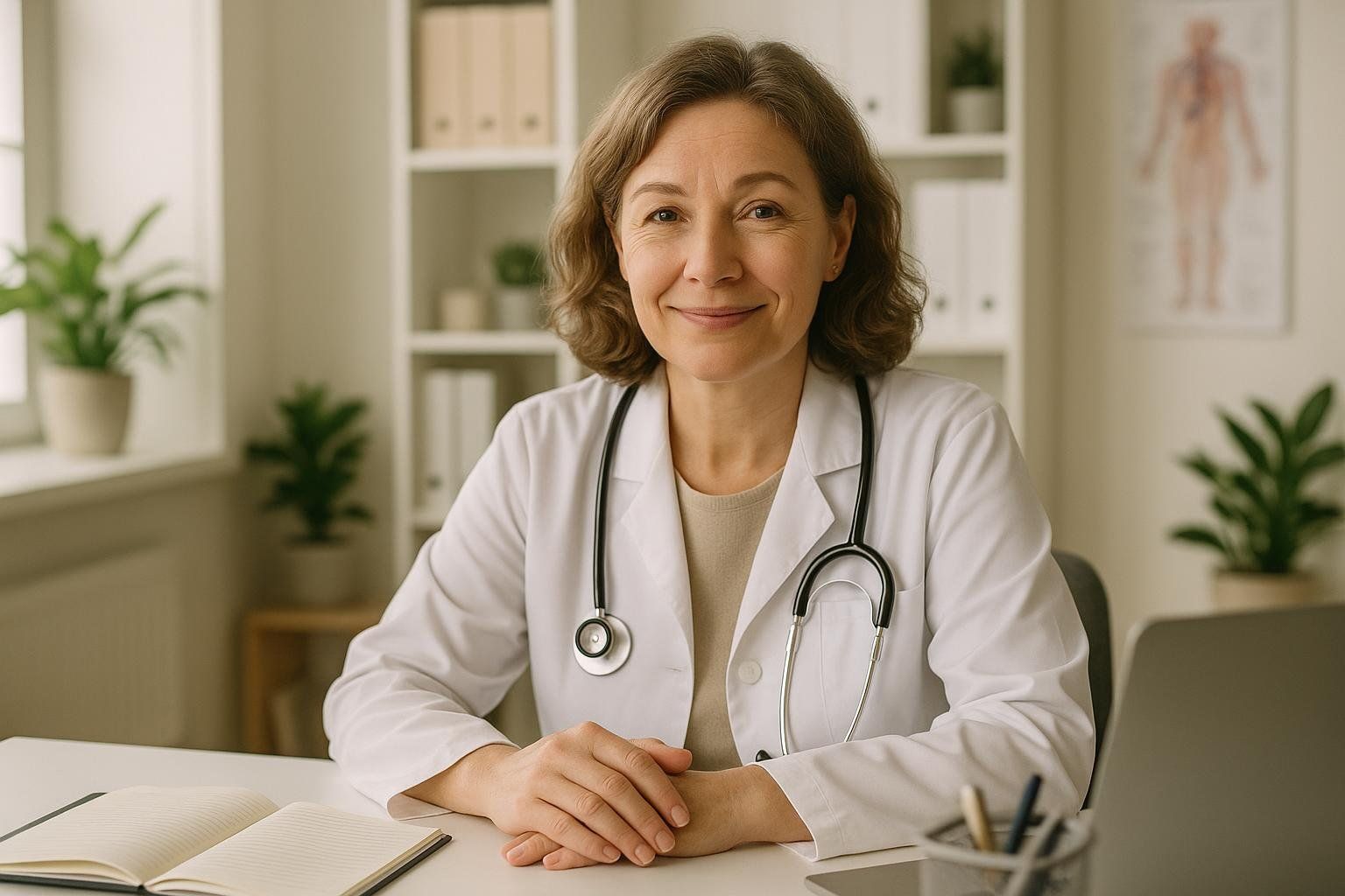A friendly and professional doctor sits at her desk, ready to listen, encouraging readers to seek medical advice.