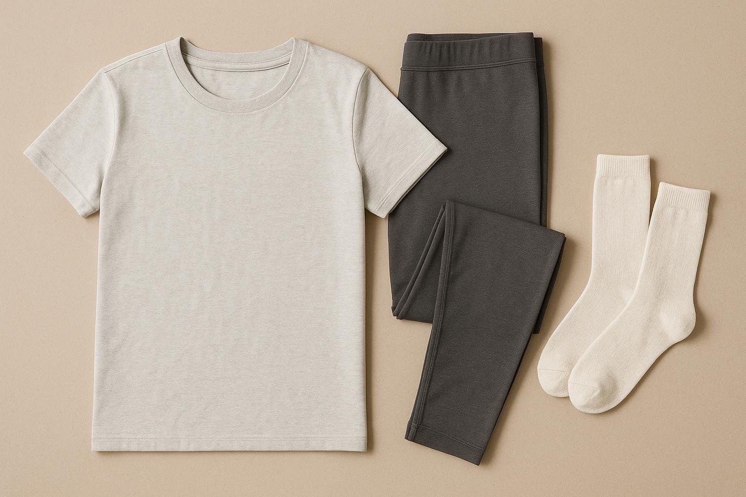 A flat lay of metal-free clothing, including a light grey t-shirt, dark grey joggers, and two pairs of white socks, arranged neatly on a beige background.