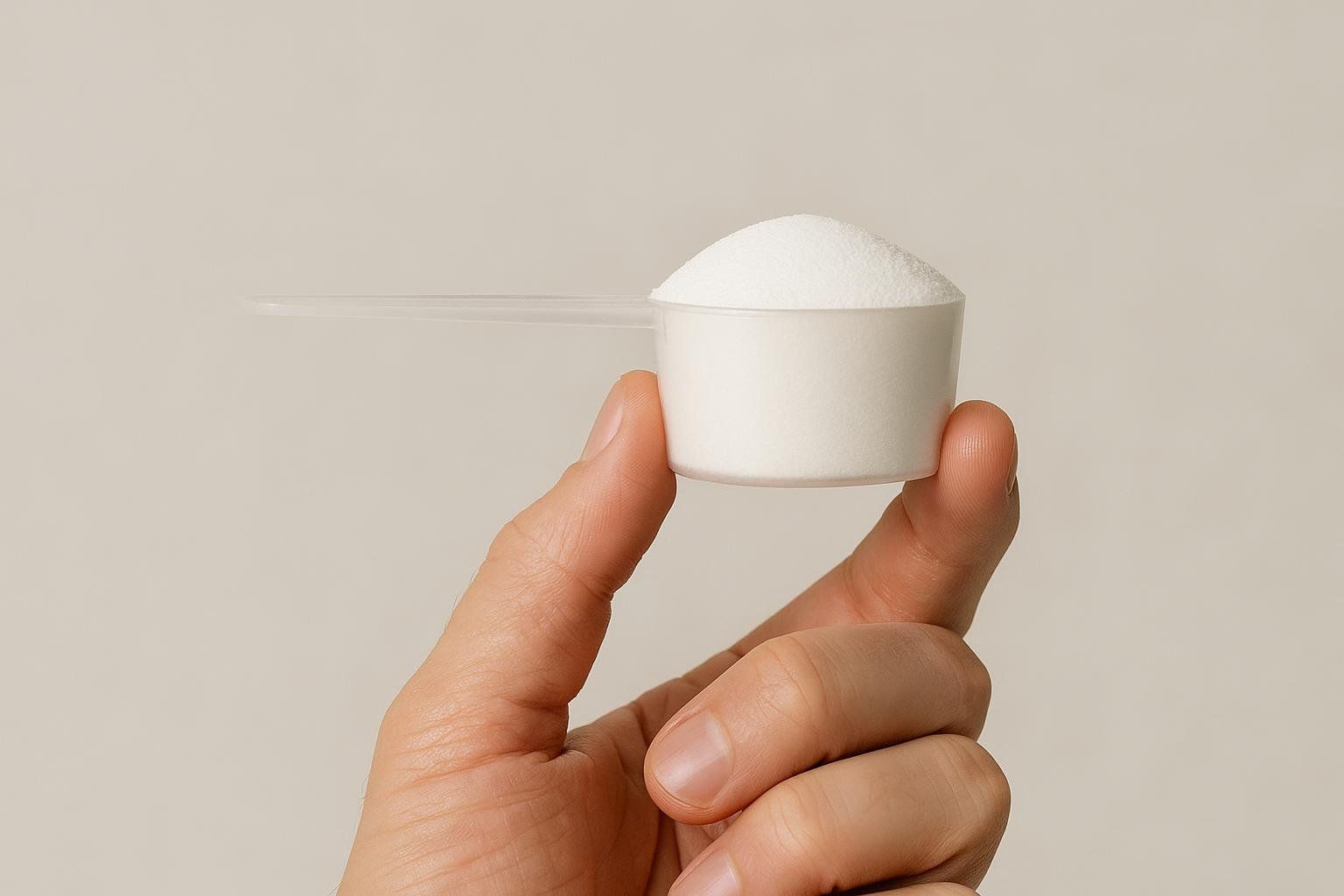 A hand holding a white plastic scoop overflowing with white powder, likely creatine, against a light beige background.