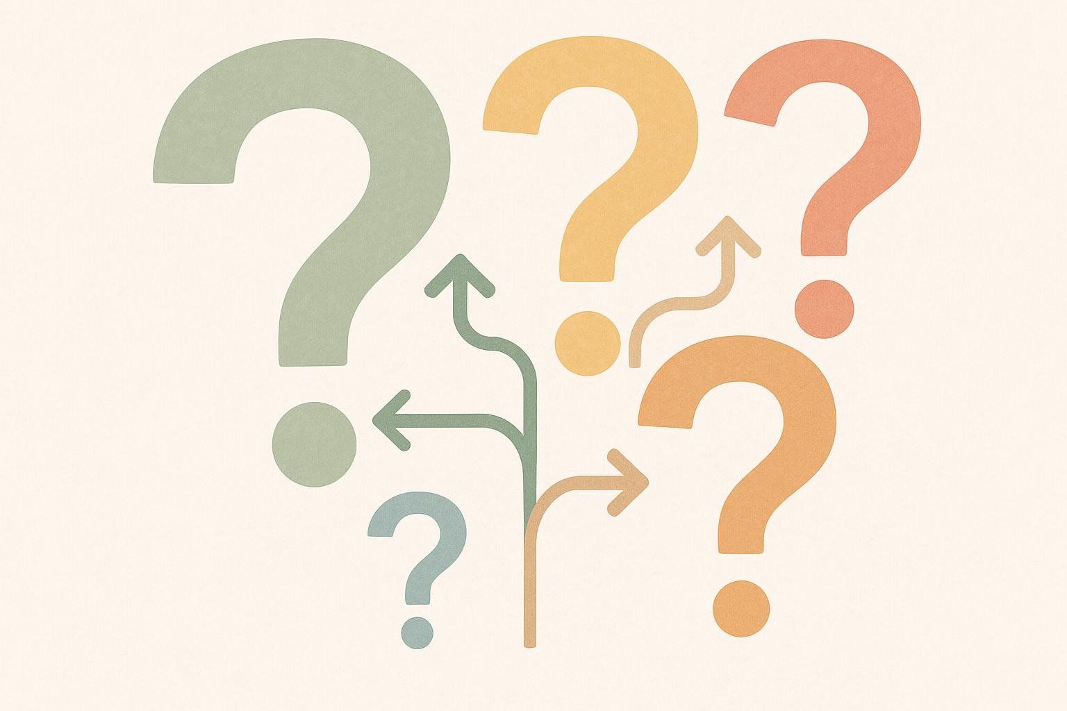 Illustration of question marks and branching paths, symbolizing choosing a body fat measurement method.