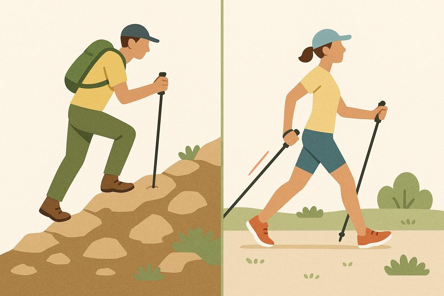 An illustration comparing trekking pole use for stability on an incline with Nordic pole use for propulsion on a flat path.
