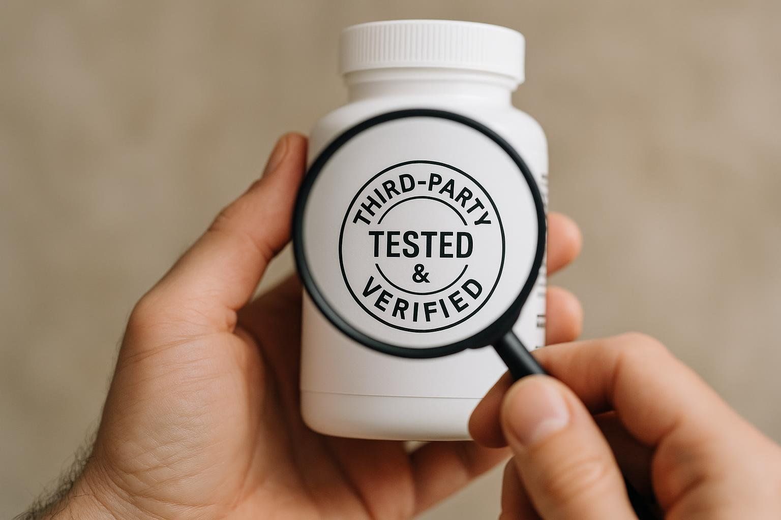 A person holds a white supplement bottle, and a magnifying glass highlights a 'Third-Party Tested & Verified' seal on its label. This emphasizes the importance of quality assurance and independent verification for health products.