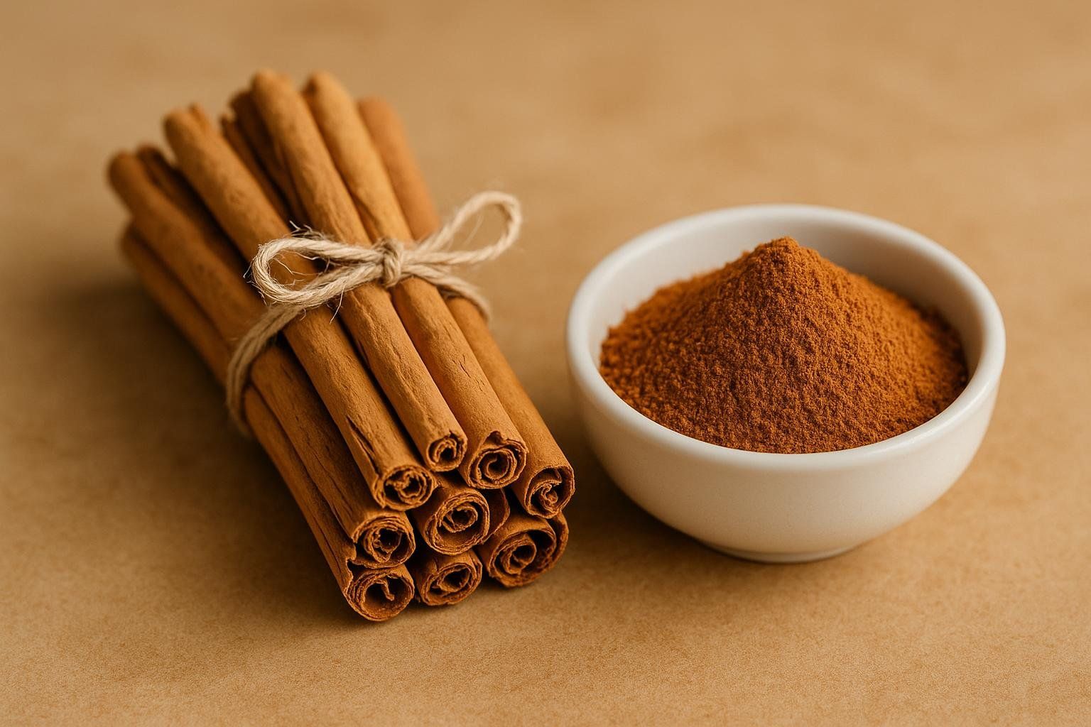 A bundle of Ceylon cinnamon sticks tied with twine rests next to a small white bowl filled with ground Ceylon cinnamon powder, both on a plain, light brown background. The sticks are thin and rolled in multiple layers, characteristic of Ceylon cinnamon.