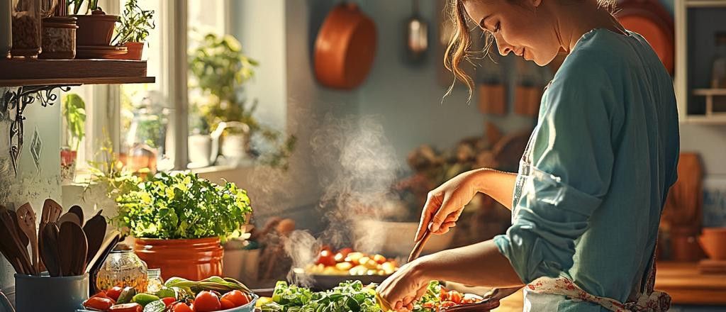 A woman stirs food in a pan on a stovetop in a sunny kitchen, surrounded by fresh ingredients.