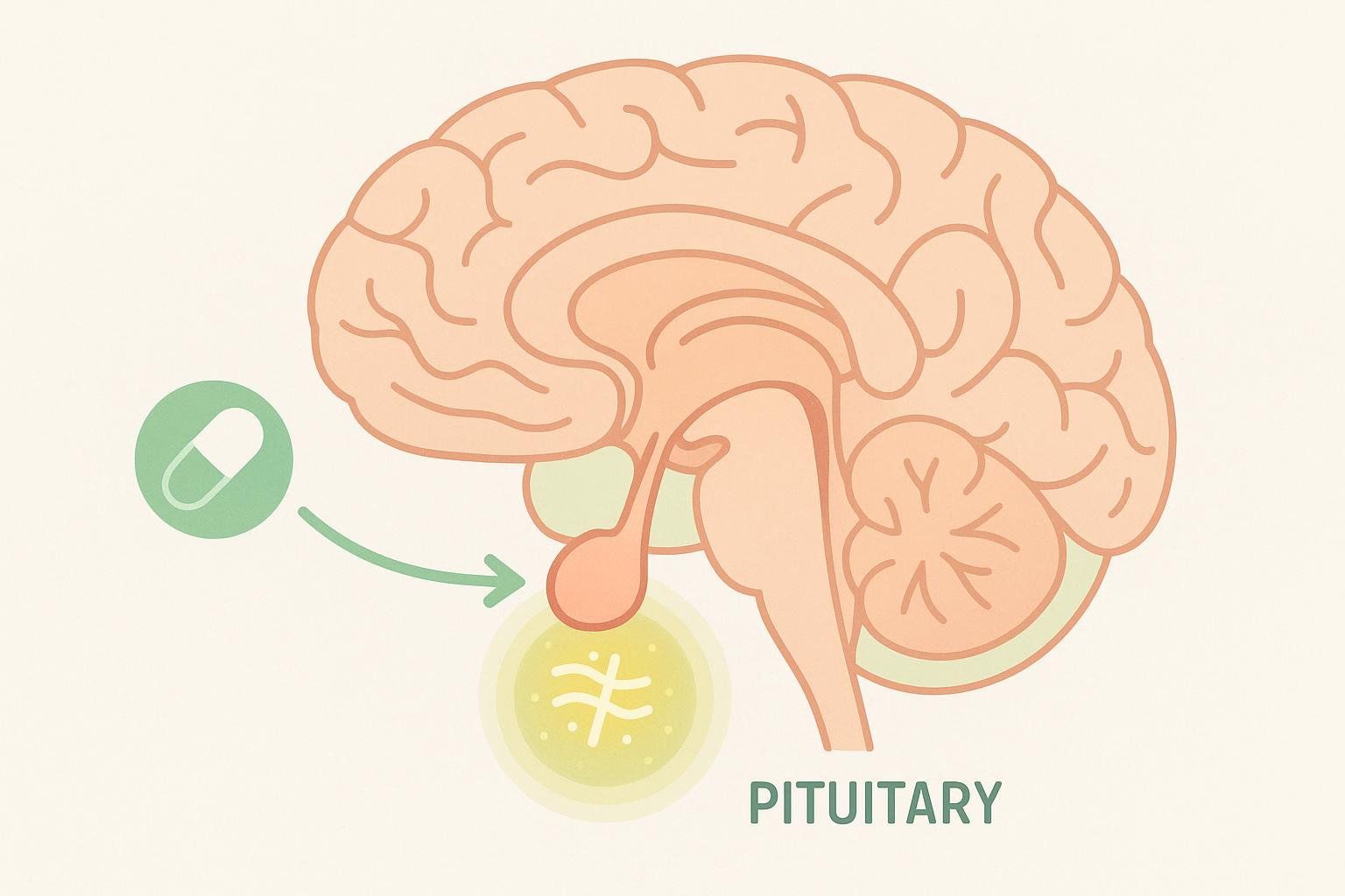 Illustration showing a pill symbol acting on the brain's pituitary gland to increase hormone release, explaining the mechanism of MK-677.