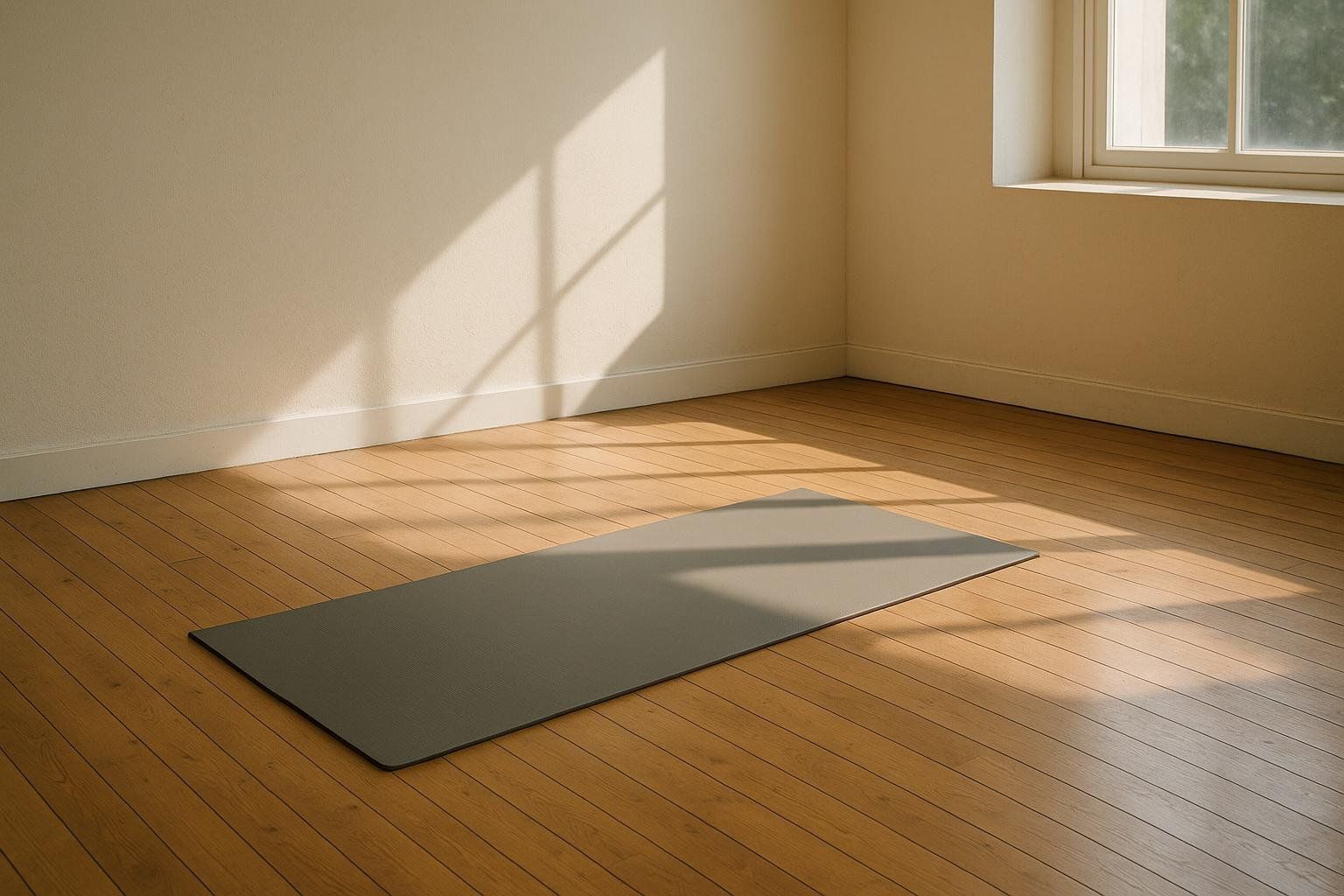 A gray yoga mat lies on a wooden floor in a room bathed in sunlight from a window.