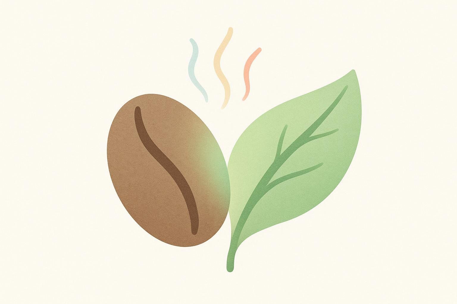 An illustration of a brown coffee bean and a green tea leaf side-by-side, with subtle wavy lines of steam emanating from above.