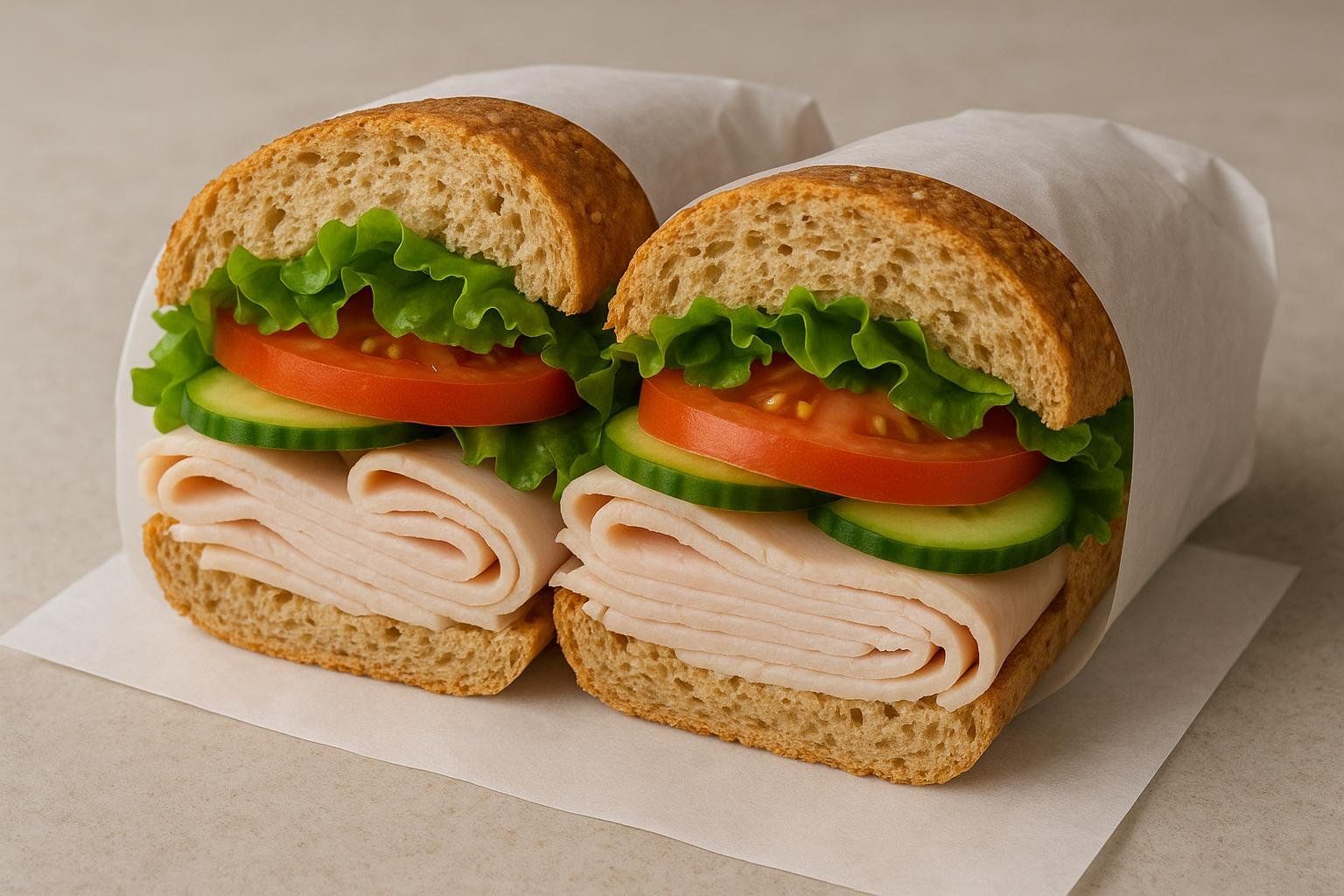 A healthy turkey sandwich on wheat bread, cut in half and wrapped in white paper. It contains sliced turkey, lettuce, tomatoes, and cucumbers.