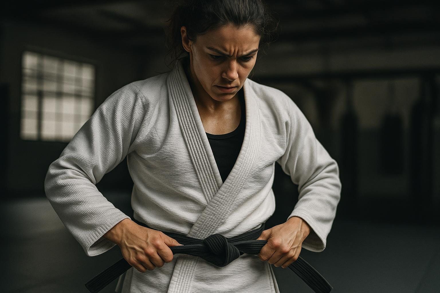 A strong female Brazilian Jiu-Jitsu athlete with a focused and determined expression, tying her black belt around her white gi, ready for training or combat.
