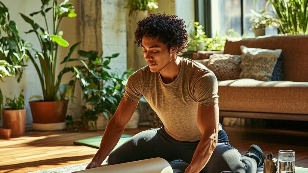 A man uses a foam roller on a yoga mat in a sunlit living room filled with plants.