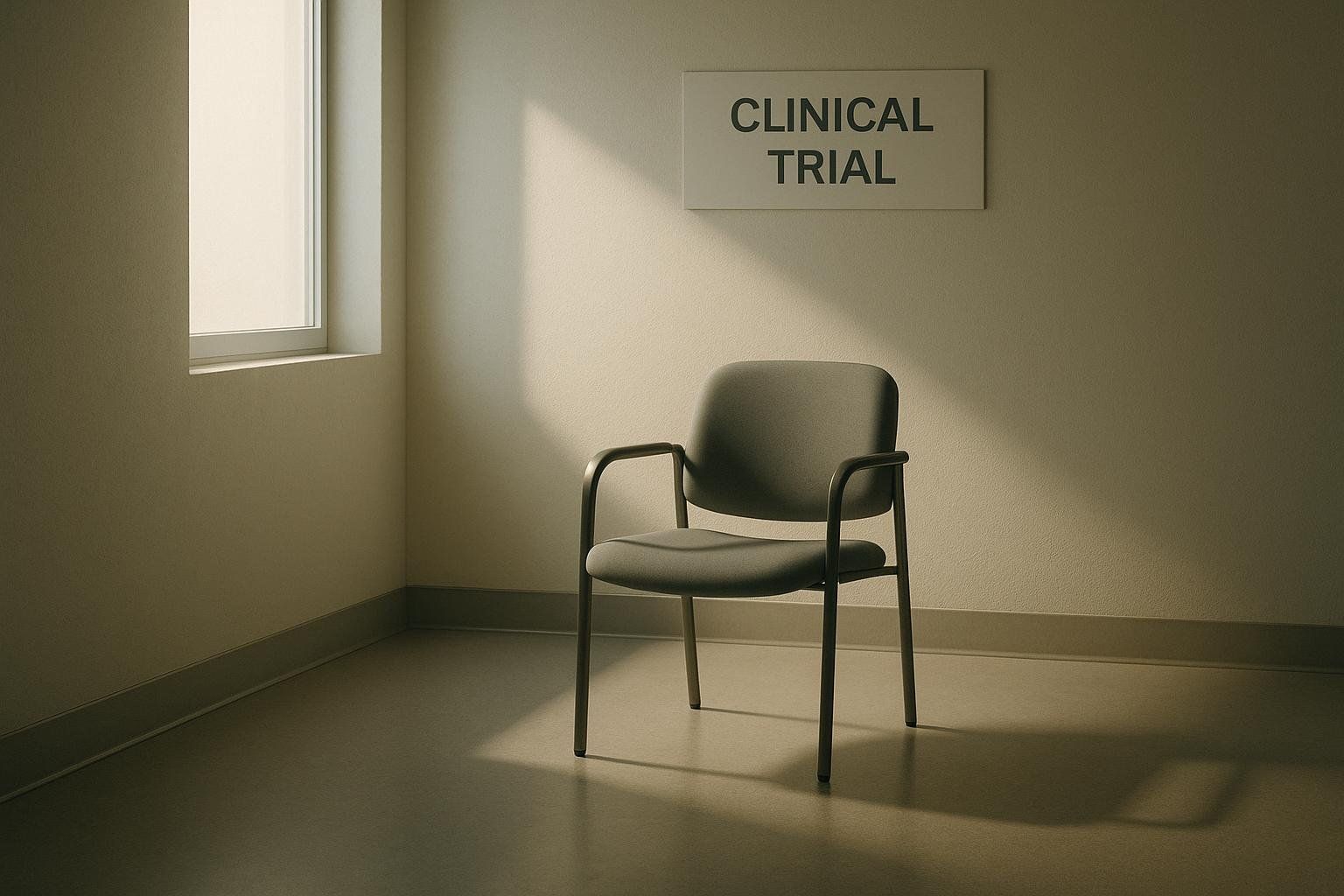 An empty chair in a clinical waiting room, symbolizing the lack of human randomized controlled trials for BPC-157.