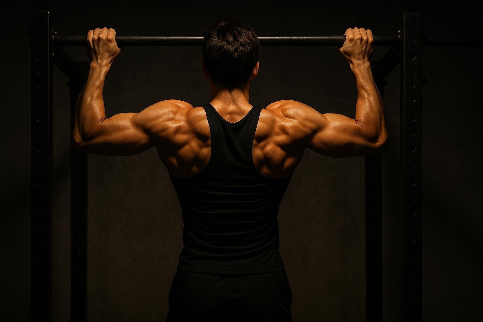 An athlete performing a pull-up, viewed from behind, with highly defined back and shoulder muscles visible. The lighting highlights the muscularity, suggesting strength and fitness.