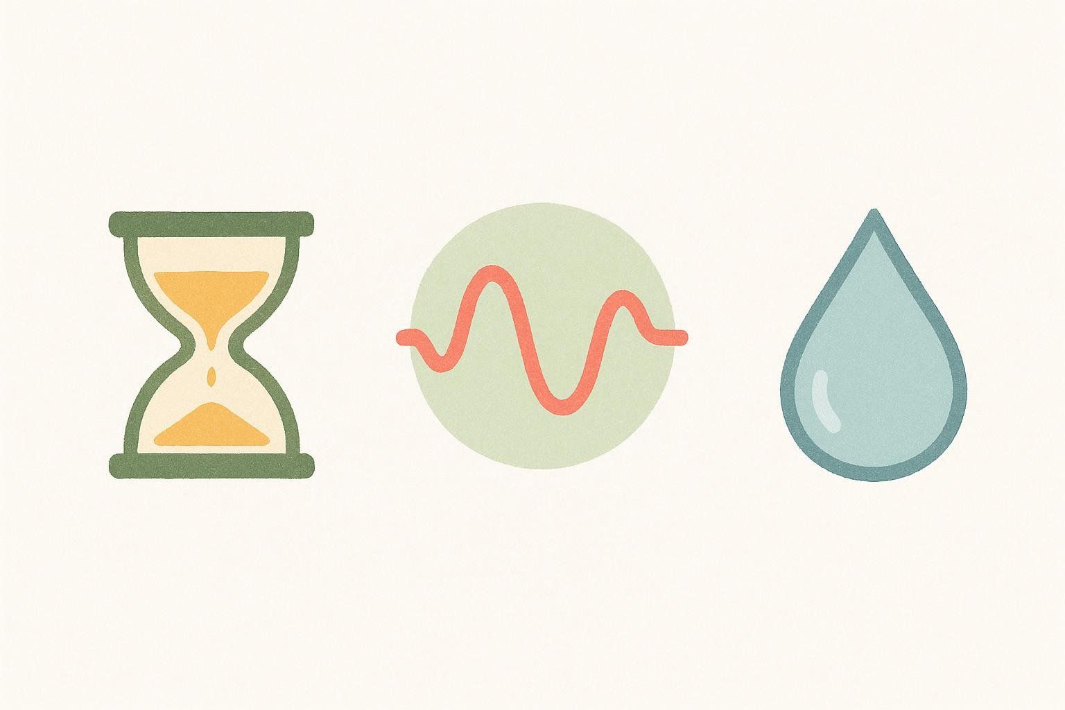 Three icons illustrating factors that affect abdominal visibility: an hourglass for age, a wavy line in a circle for hormones, and a water droplet for water retention.