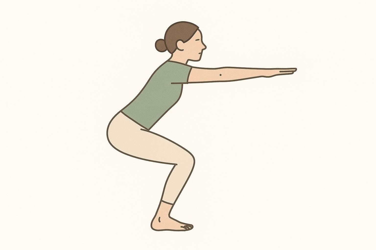 A stylized illustration depicts a person in a yoga pose, bending their knees and extending their arms forward, illustrating the correct posture for Awkward Pose (Utkatasana).
