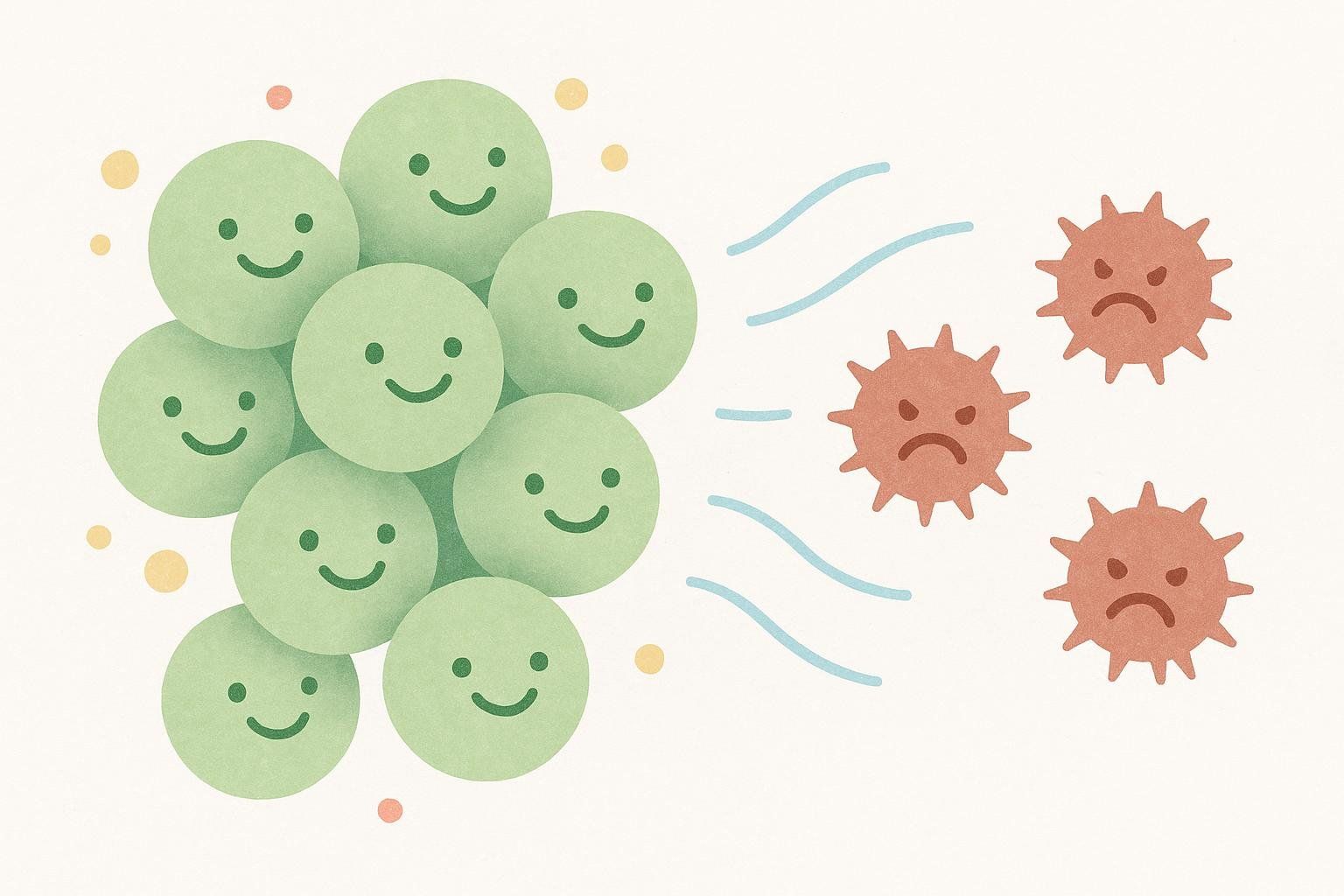 Illustration of friendly green probiotic bacteria crowding out unfriendly red bacteria, symbolizing a balanced gut microbiome.